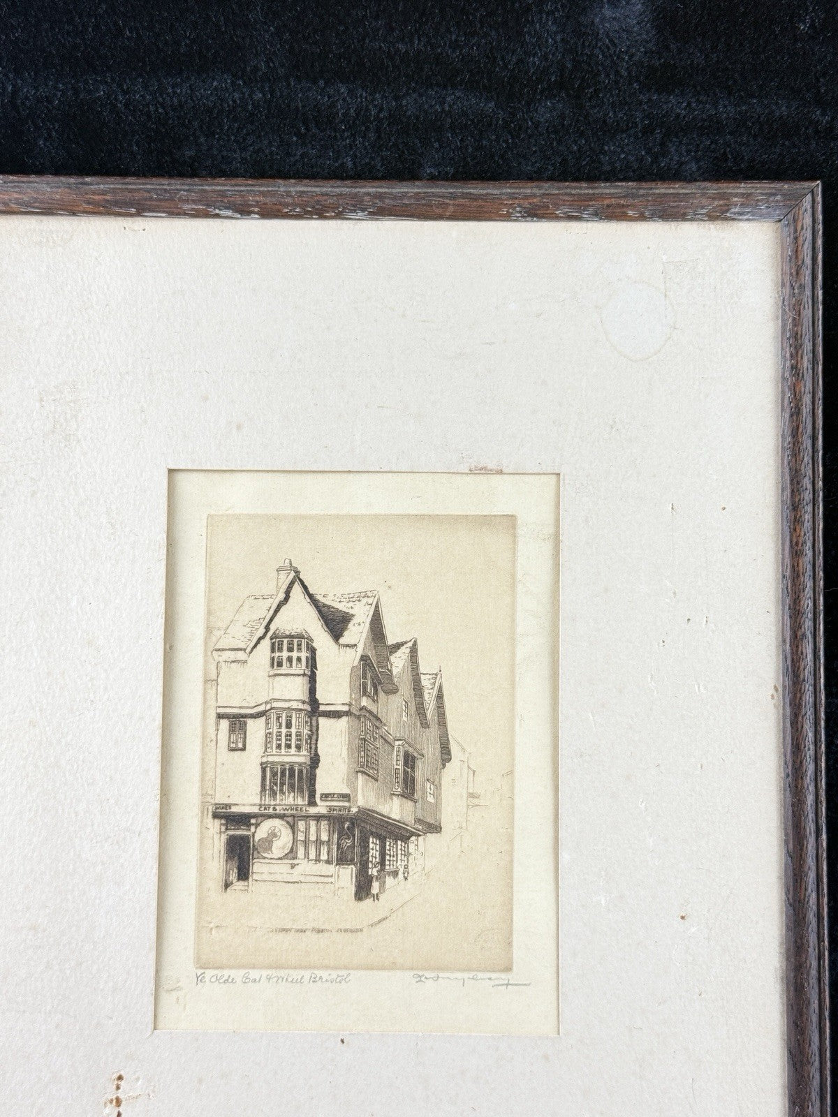 Sidney Lawrenson Etching Ye Olde Cat & Wheel Bristol Framed Pub Scene c.1920s5