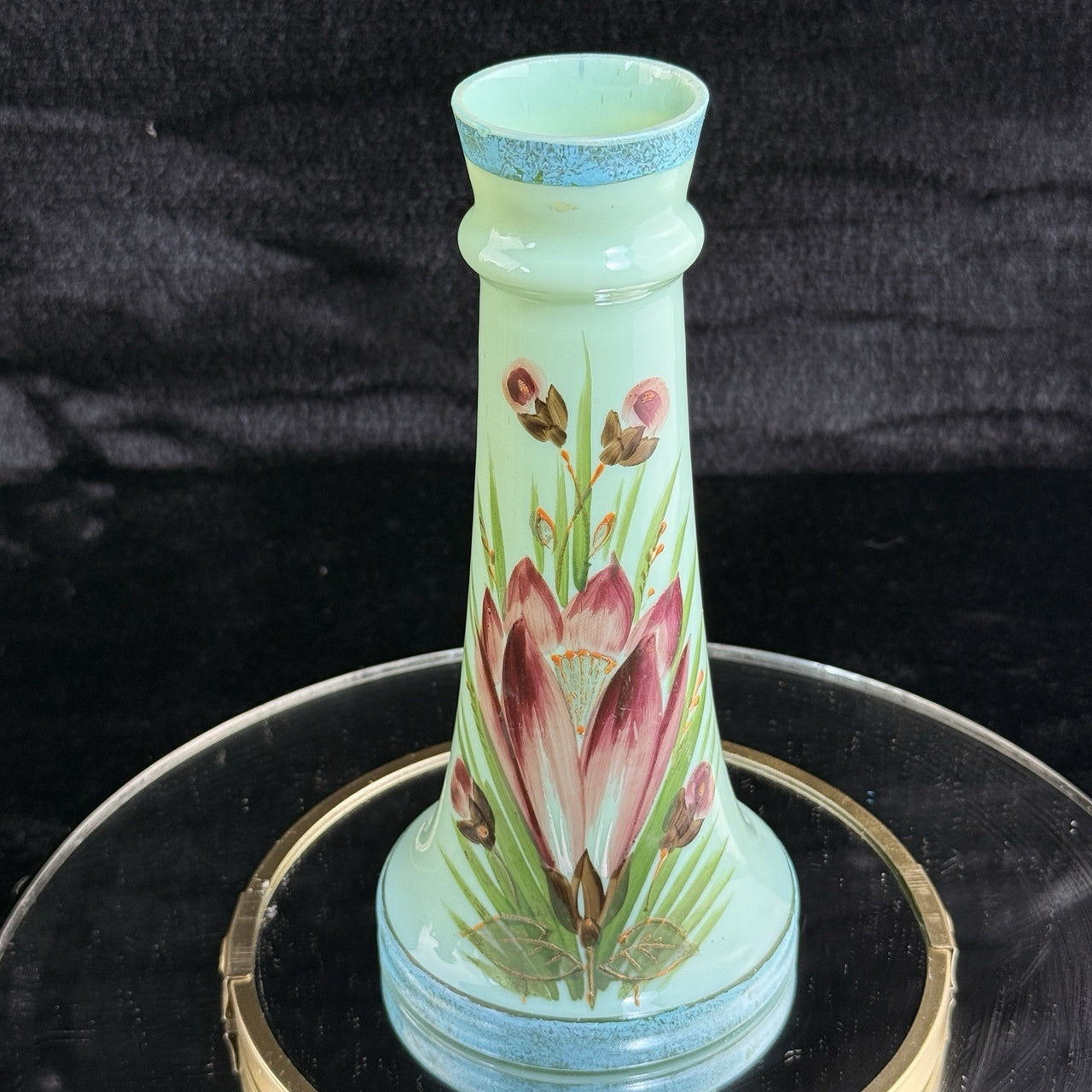 Antique Milk Glass vase Art Glass Vase Turquoise Floral Tall 10” Enameled decor2