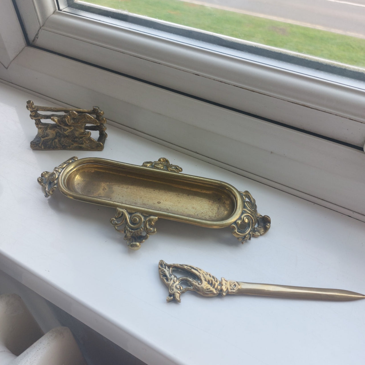 Vintage Brass Desk Set – Letter Holder, Rococo Tray pen holder & Letter Opener17