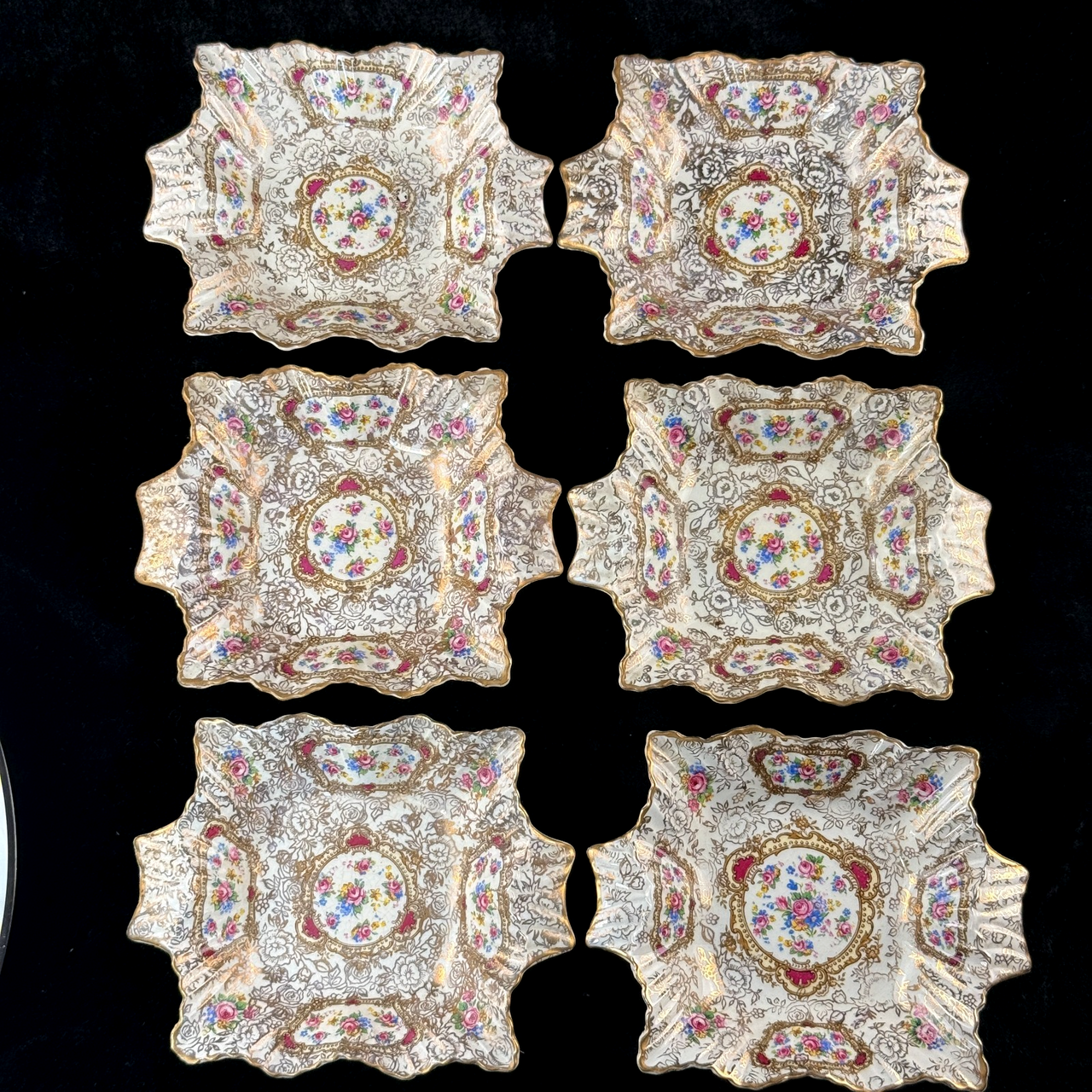 James Pompadour Kent Chelsea Bowls x6 Center Dish Vintage Floral Gilt Set Large9