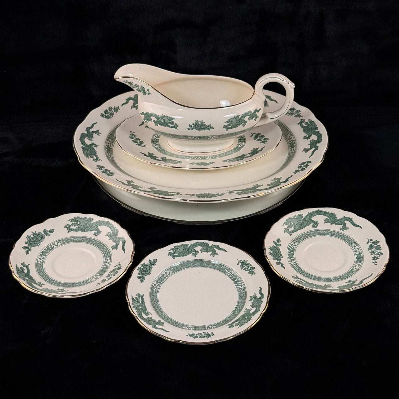 Royal England Cauldon Green Dragon Serving Set x6 – Vintage Ironstone China5