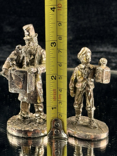 Vintage Metal Street Vendor Figurines Set Victorian Man Boy Lantern 3in1