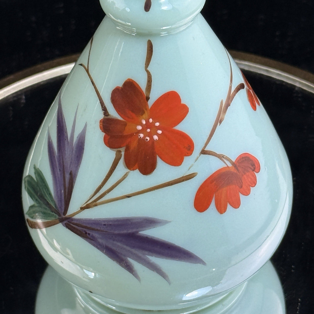 Antique Milk Glass Vase Floral Red Enamel 7” Bud Bottle Style decor see pics11
