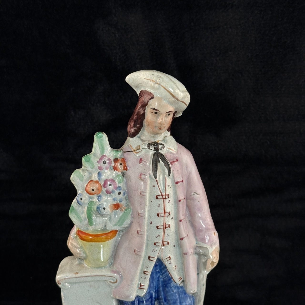 1800s antique Staffordshire Figurine Man Pink Jacket Floral Column repaired13
