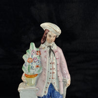 Thumbnail for 1800s antique Staffordshire Figurine Man Pink Jacket Floral Column repaired13
