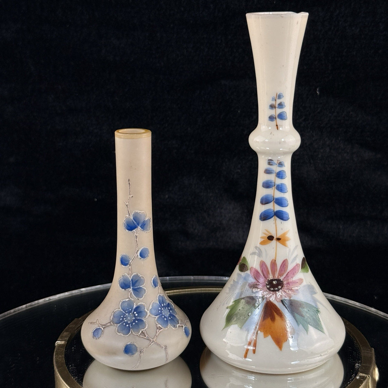Vintageantique Hand Painted Milk Glass Bud Vase pair Floral Motif Blue Enamel0