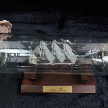 Santa Maria Glass Ship In Bottle On Wooden Stand Frosted Sails Nautical Handmade1