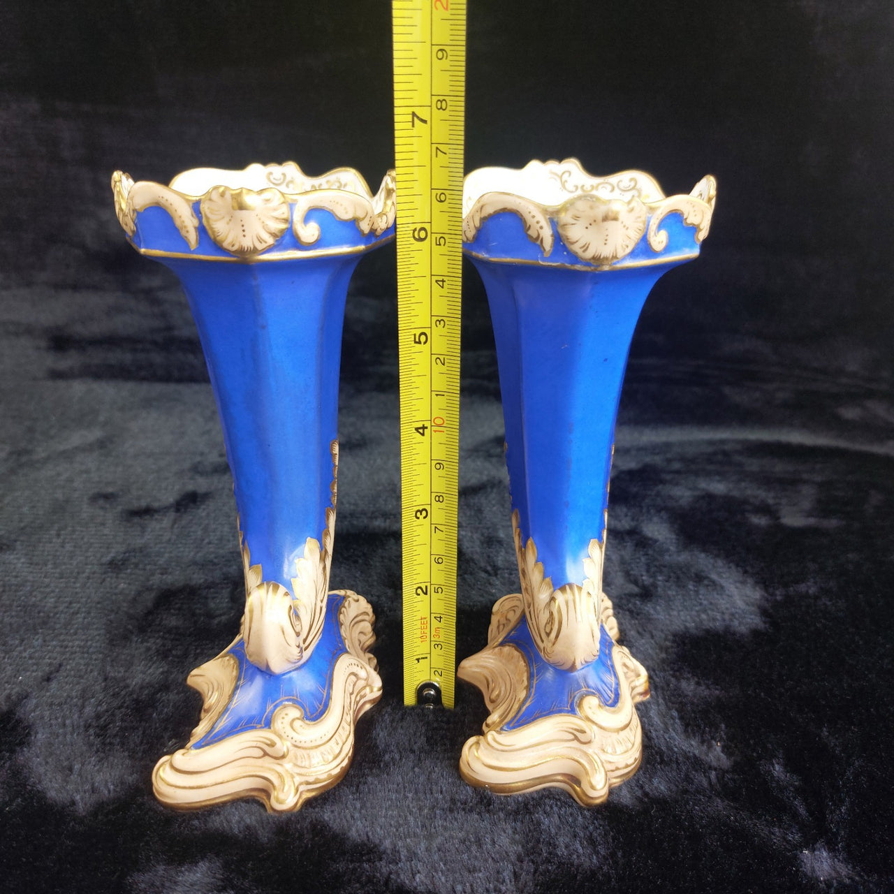 Victorian Antique Blue Porcelain Vases/ ornoments Gold Gilt Leaf Design  Pair 15