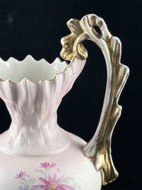 Thumbnail for Victorian Style Floral Pitcher Vase Pink Gold Handle Bird Flowers 13