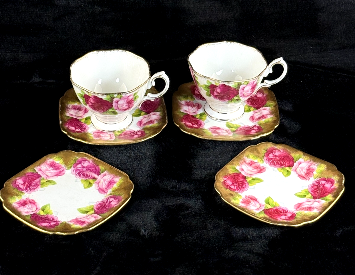 Royal Albert Old English Pink Rose Tea Set of 2 & 2 side plates Rose Gold 6 pc0