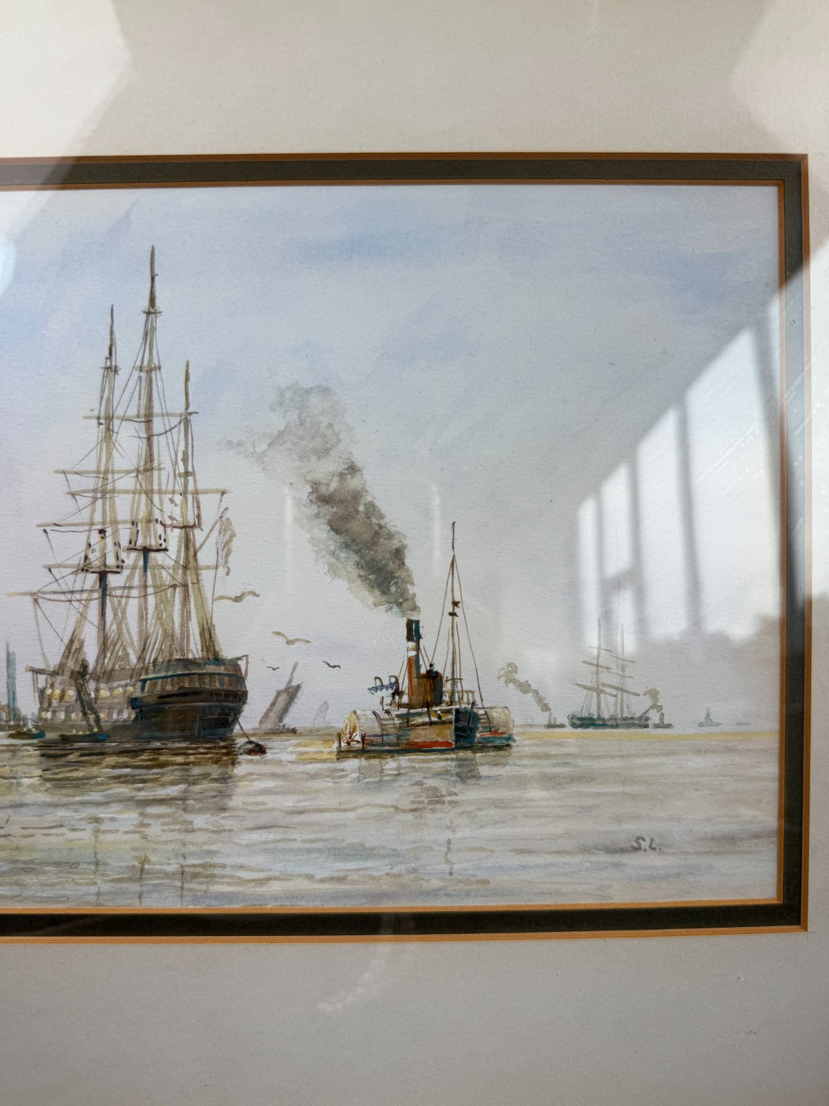 Antique S.L. Signed Watercolor wood gold framed- A London Harbor Scene.4