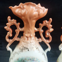 Thumbnail for Victoria Austria Porcelain Vase Pair Handled Romantic Scene Antique Decor. 9in9