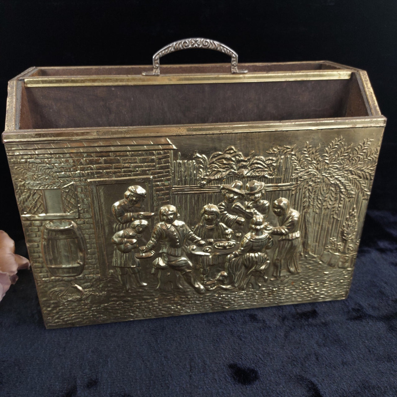 Gold Brass Magazine Rack Tavern Scene Handle Wood Back  Vintage  4