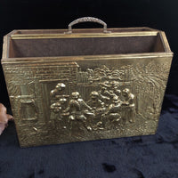 Thumbnail for Gold Brass Magazine Rack Tavern Scene Handle Wood Back  Vintage  4