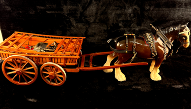 Large Porcelain Draft Horse & Wooden Farm Wagon Carriage Model see the pics0