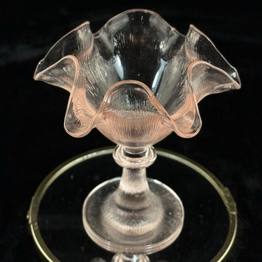 French Pink Amber Glass Compote Bowl Ruffled Pedestal 6.5” Vintage Elegant1