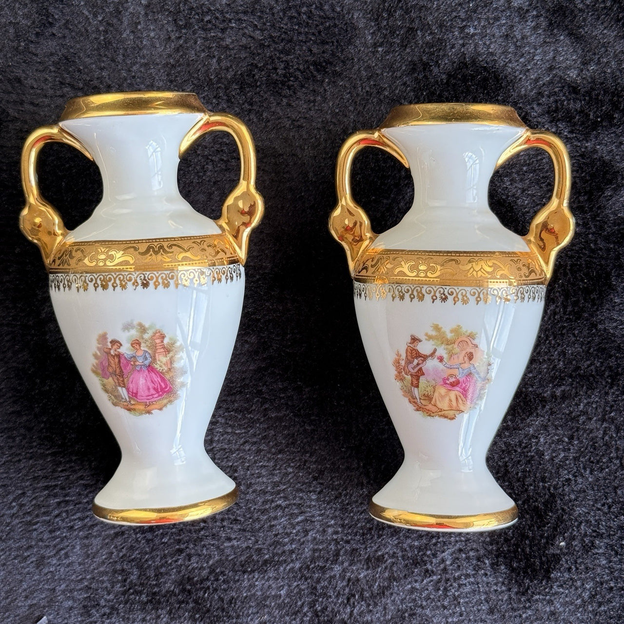 Pair of La Reine Limoges Porcelain Vases Gold Gilt Romantic Courting Couple9