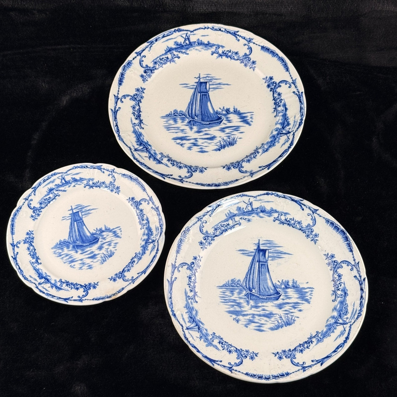 ANTIQUE Blue&White Delph Transferware Plates x3 1896 Sailboat Windmill Scene Set1