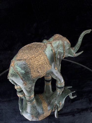 Heavy Patinated Bronze Elephant Figurine decor, Vintage Gold Accents, Trunk Up1