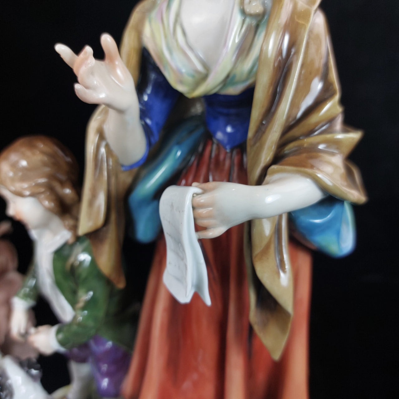 Volkstedt Figurine Porcelain Woman Child Dog Crown N Mark 30cm/12in German 1489g3