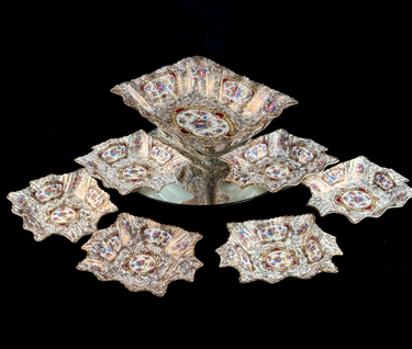 James Kent Pompadour Chelsea Bowls x6 + Center Dish Vintage Floral Gilt Set 0