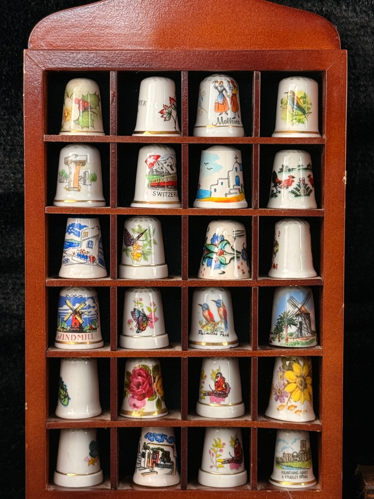 Vintage Thimble Porcelain Collection x40 with 2 Wooden Display Racks Travel Souv3