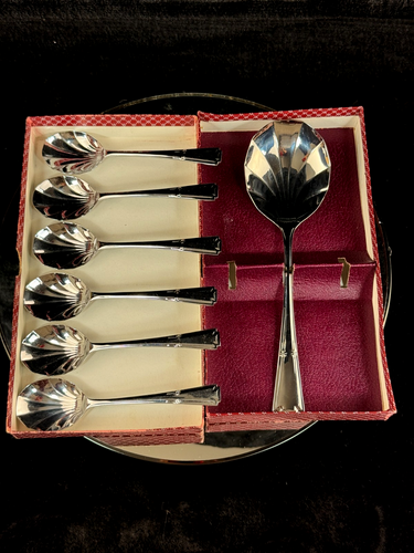 Vintage Unity Chromium Plate Fruit Set (7 Pieces)  Boxed Shell Design Spoons GB0