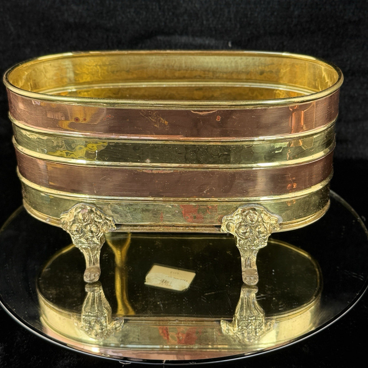Vintage Copper & Brass Planter Jardiniere 9.5” Footed Oval Hammered Floral deco5