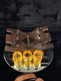 Thumbnail for Vintage Amber Glass Barrel Decanter Set with Tap 3 Glasses Tray & Wood Stand16