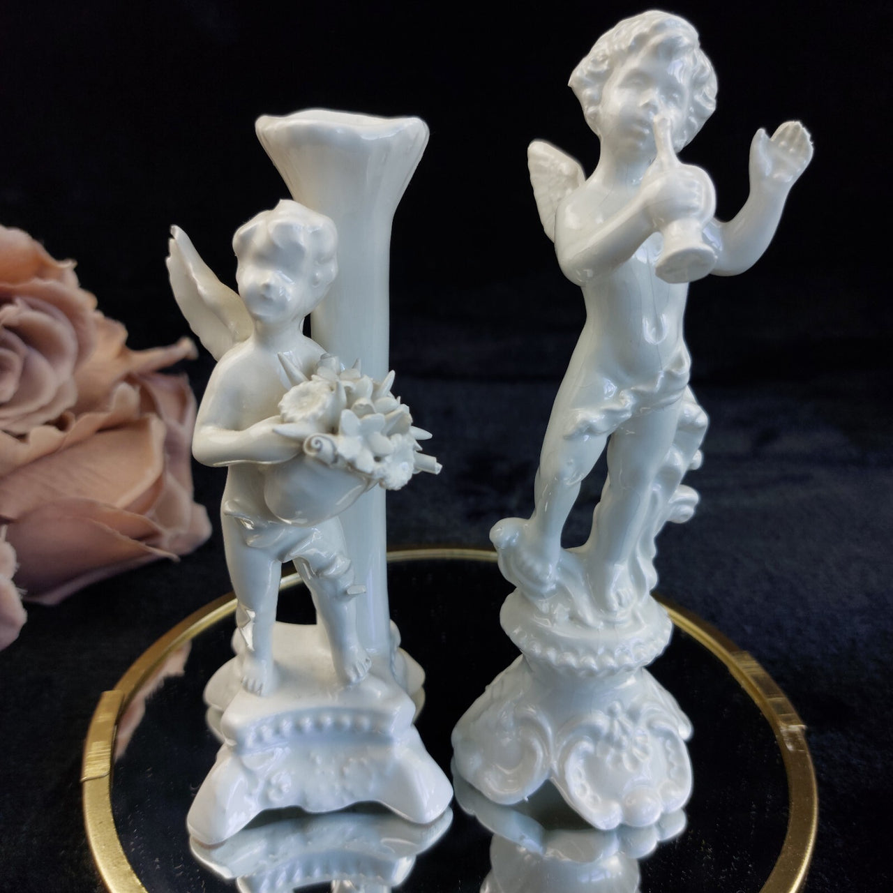 Antique Italy Cherub Figurines Pair 6.5in Porcelain White Trumpet Flowers Damage0