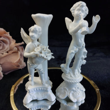 Antique Italy Cherub Figurines Pair 6.5in Porcelain White Trumpet Flowers Damage0