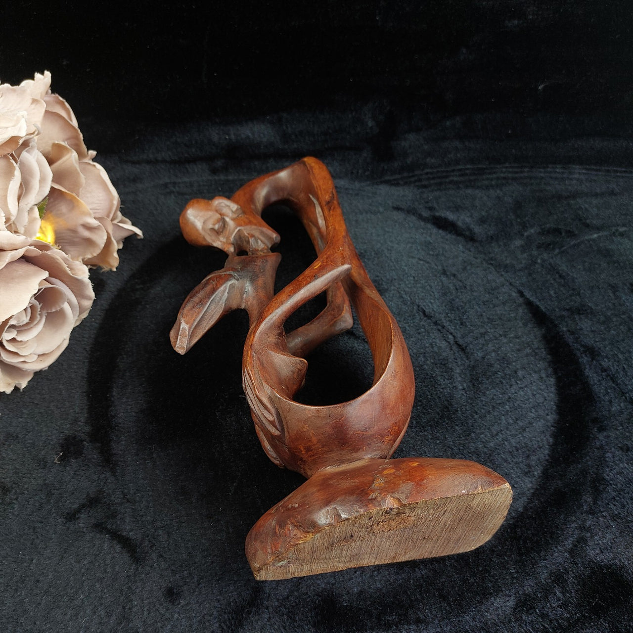 Abstract Hand Carved Wood Kissing Couple Sculpture – worn base 11" Tall, African8