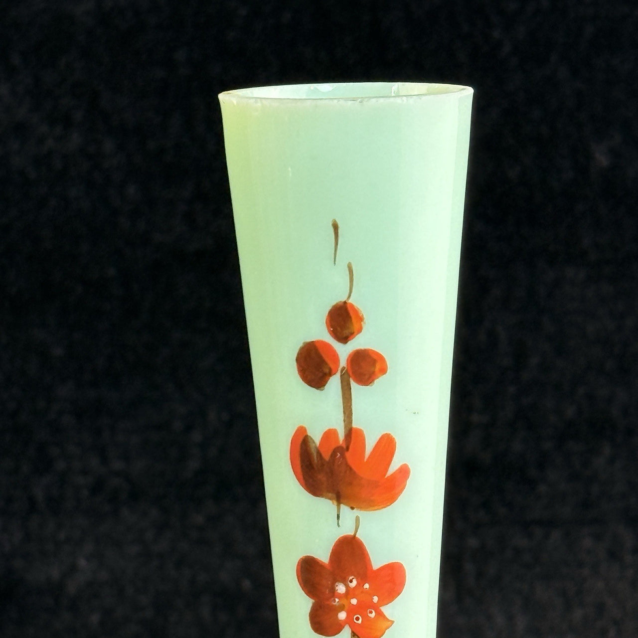 Antique Milk Glass Vase Floral Red Enamel 7” Bud Bottle Style decor see pics3