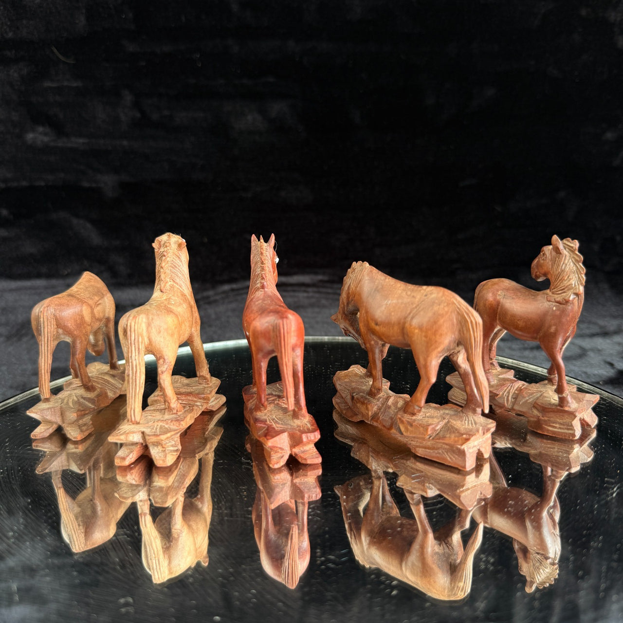 Vintage Hand Carved Wooden Horse Figurines Set Lot of 5 Rustic Folk Art 3.5”3