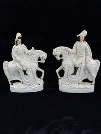 Thumbnail for Antique Porcelain Staffordshire Cavalier- Horse Figurine Pair decor see one head16
