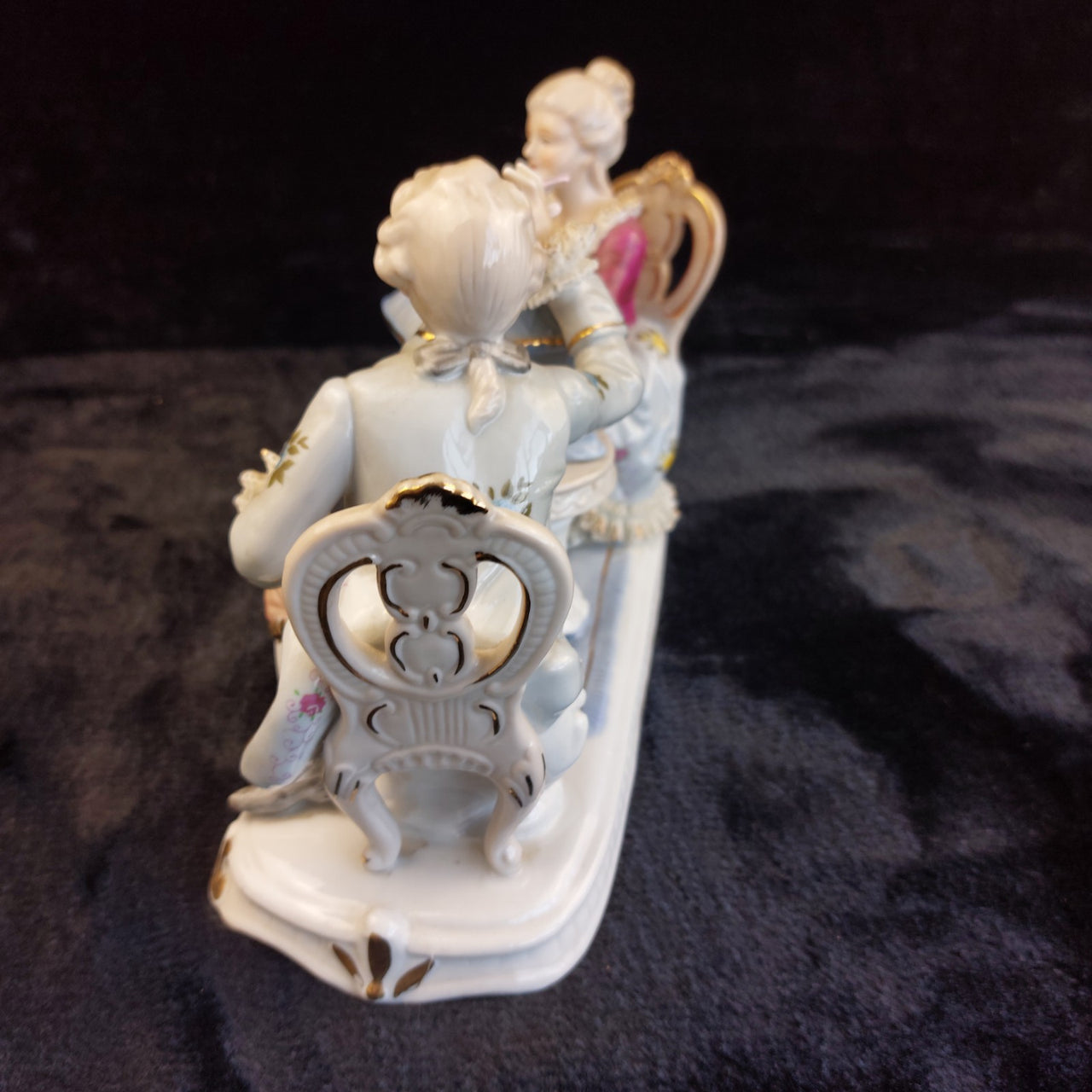 Dresden Style Porcelain Couple with Birds cage –Worn Lace & Tip Damage Gilt 9in9
