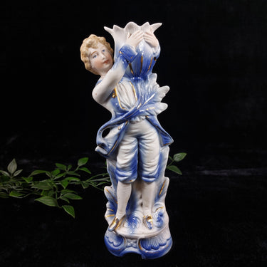 Antique German Bisque Porcelain  Candle Holder Figurine – Blue & Gold Accents 9