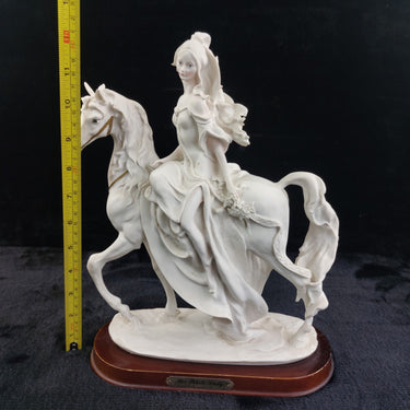The White Lady Figurine Elegant Matte Bisque Horseback Rider on Wood Base 12