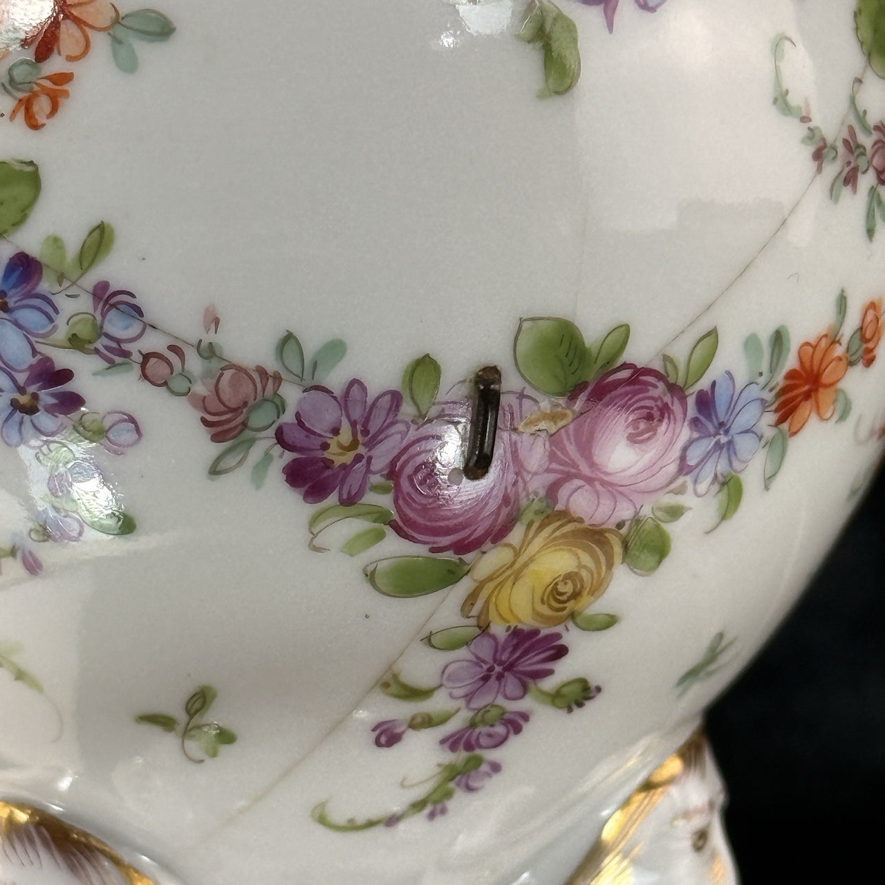 19th century antique Dresden Porcelain Vase Floral Tripod Legs 19th C Repaired5