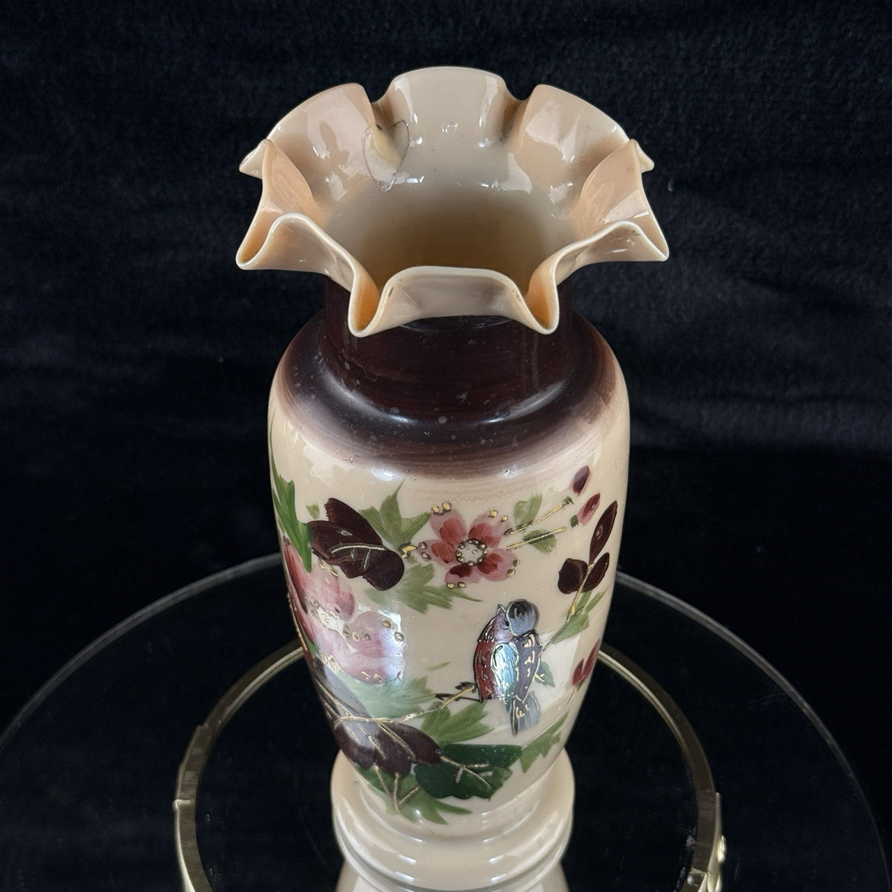 Antique Milk Porcelain Vase HandPainted Floral Bird Design Ruffle Rim 9.5” Tall6