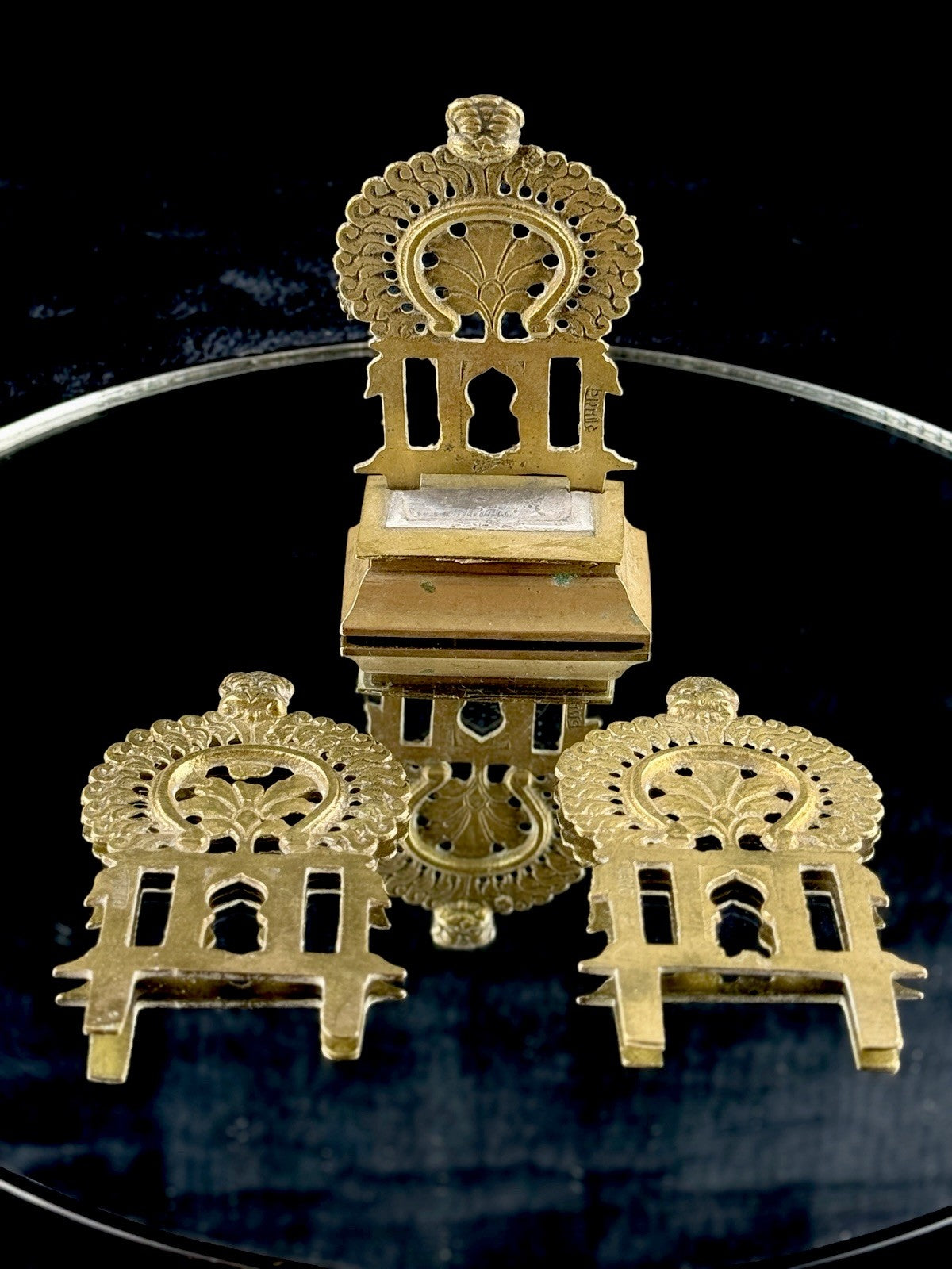 BIRH Brass Miniature Indian Throne Backrests Set of 3 Hindu Temple Art Vintage2