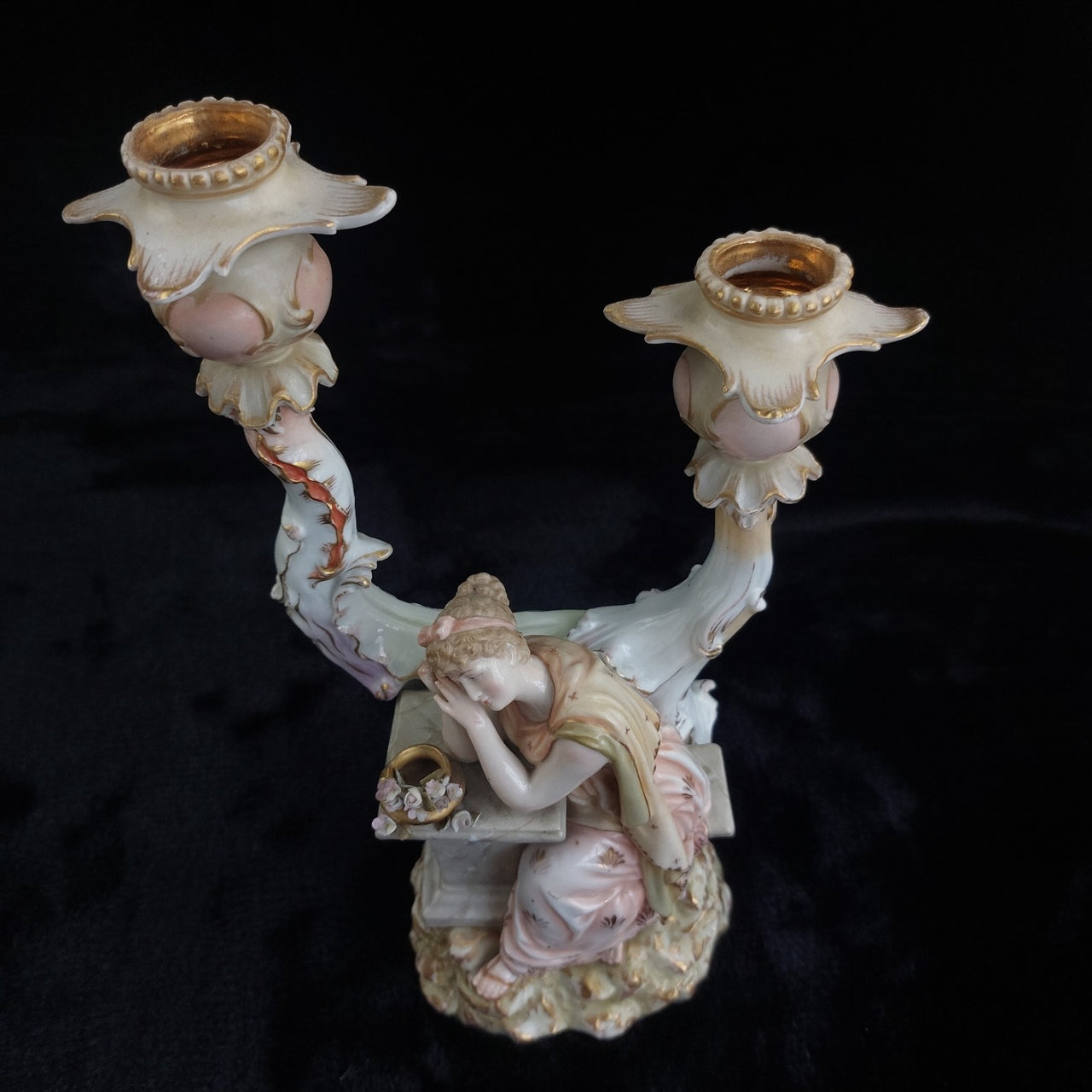 Antique German Victorian Porcelain Flowerscandle hold Candelabra Lady Gold Gilt3