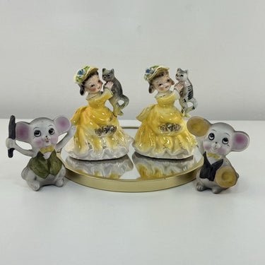Vintage Korea Figurines Girl with Cat & Mice Set Hand Painted Ceramic 1950s0