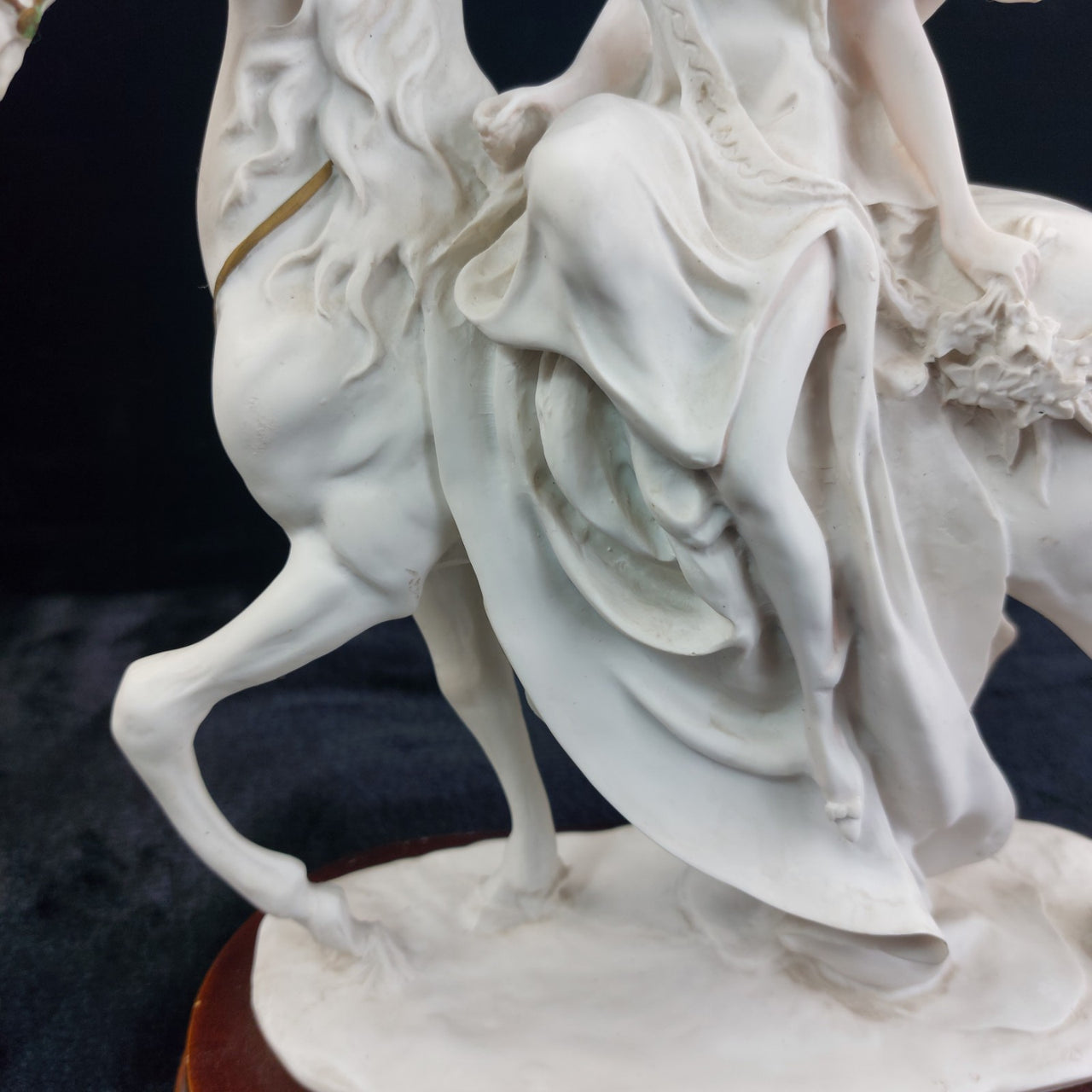 The White Lady Figurine Elegant Matte Bisque Horseback Rider on Wood Base 12"4