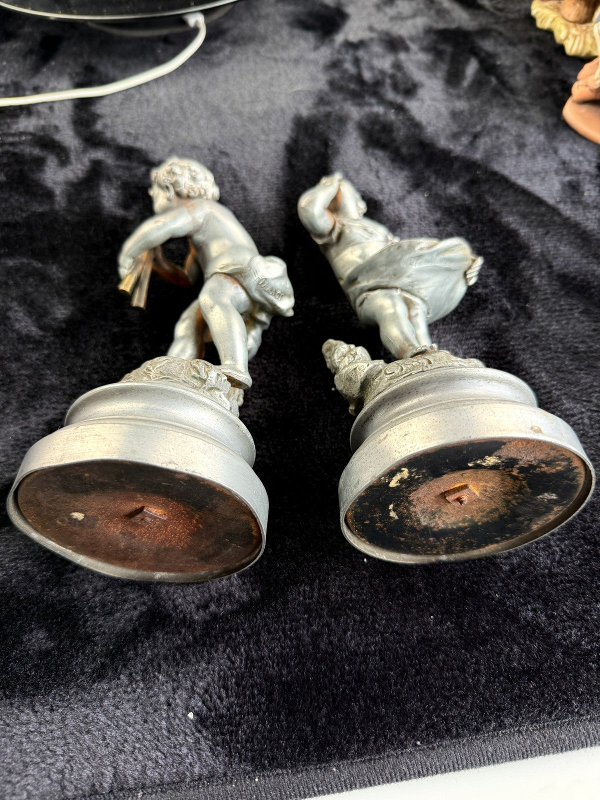 Antique French Cherub / Putti Metal Figurines "Silence" & "Music" by C. Kalf?13