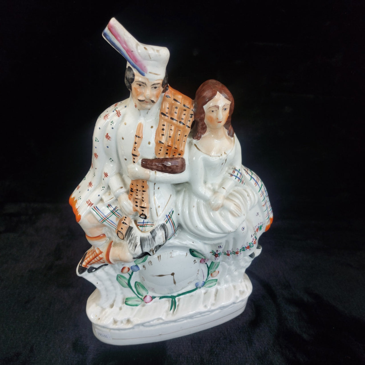 Staffordshire Century 19th Figurine Bagpiper Couple Clock Large Scottish 14"9