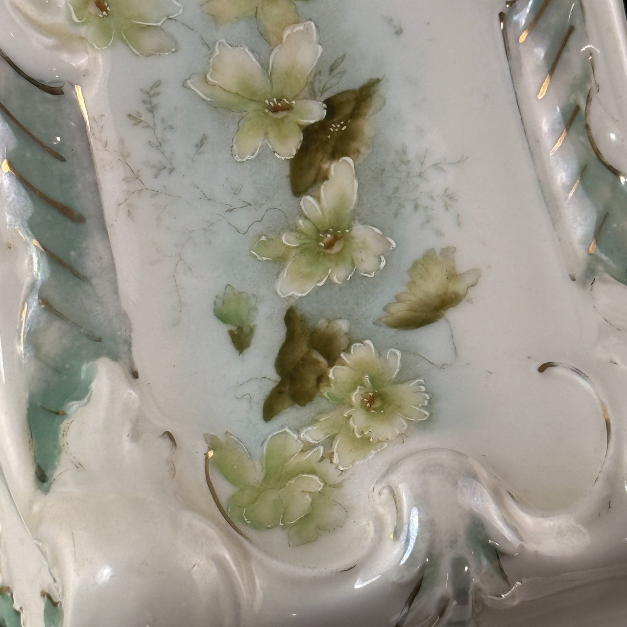 Antique Porcelain butter dish Tureen Art Nouveau Floral Green Gilt Handle 9"x8"6