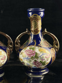 Thumbnail for Japanese Blue Cobalt Porcelain Vases Pair Gold Gilt Floral Moriage Antique Decor4