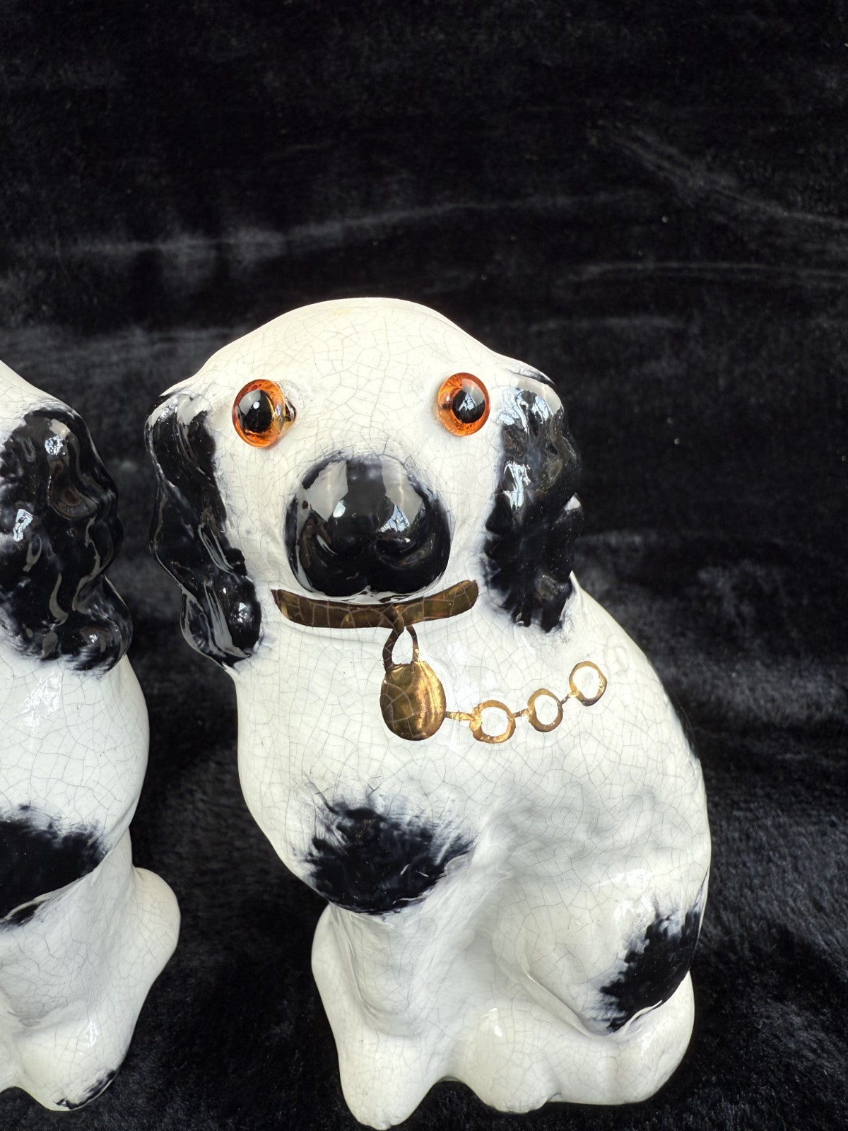 Antique Staffordshire Porcelain Black White Pair King Charles Spaniel Glass eyes6