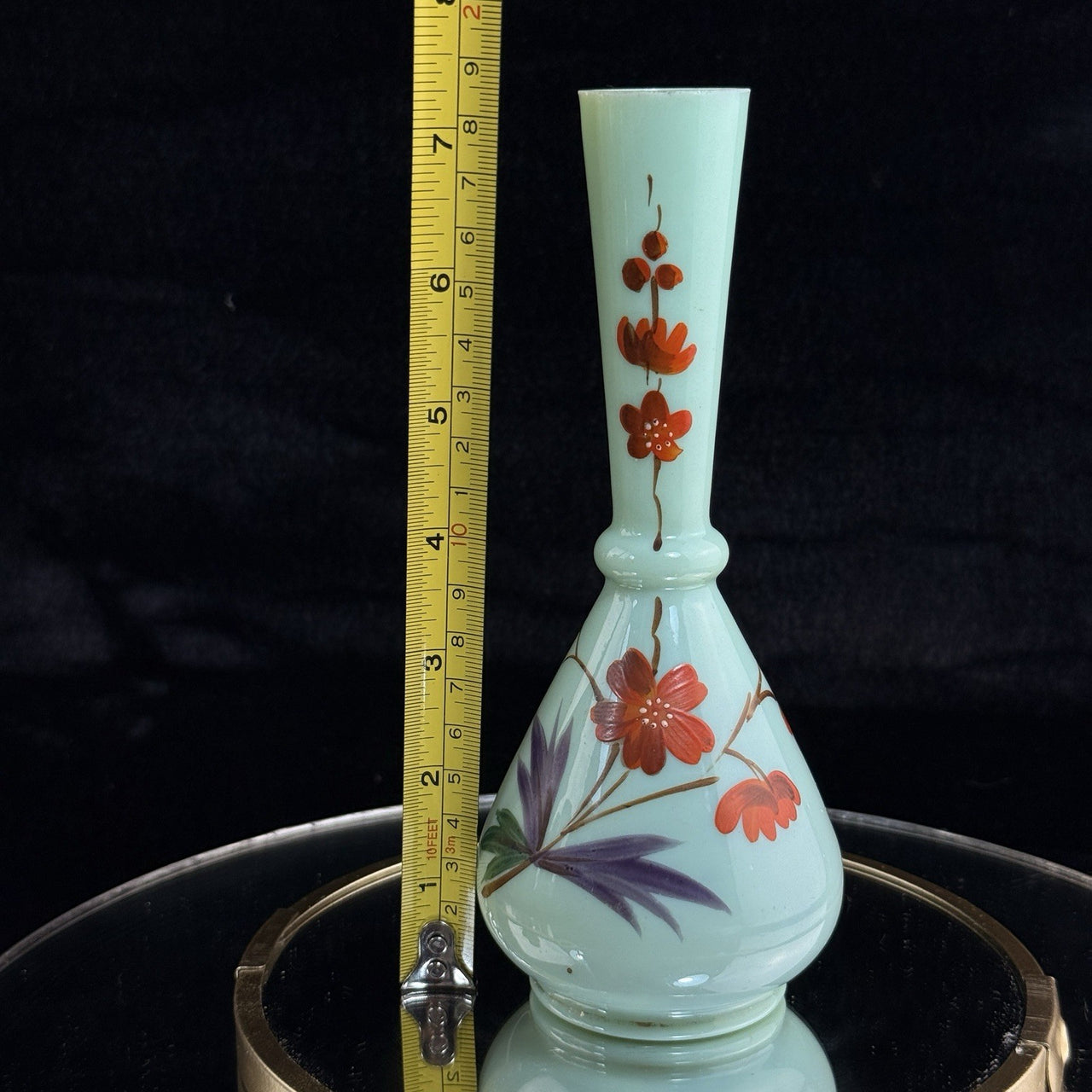Antique Milk Glass Vase Floral Red Enamel 7” Bud Bottle Style decor see pics5